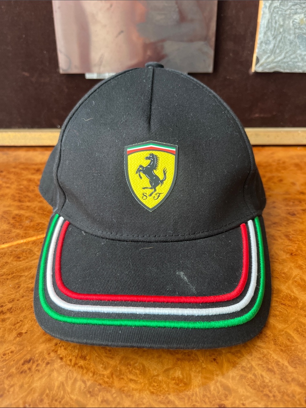 Ferrari Black Cap with Yellow Shield and Italian Stripe Trim